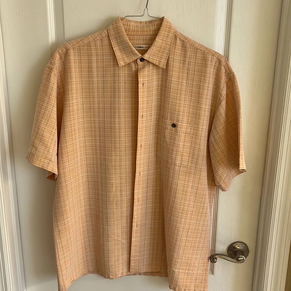 Lightweight, Sz L, button down shirt. Lite orange with white plaid striping.